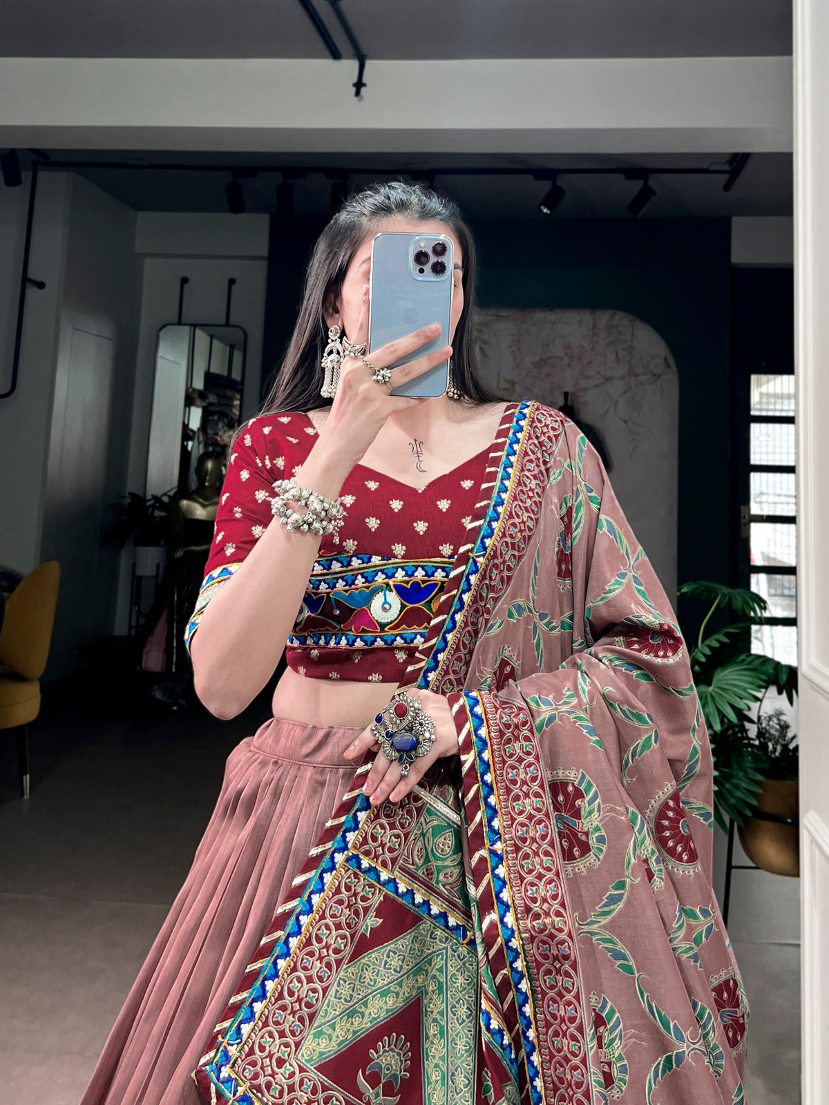 Onion Pink & Maroon Tussar Silk Flared Navratri Lehenga Choli Set With Traditional Printed Gamthi Work Border & Embroidered Blouse