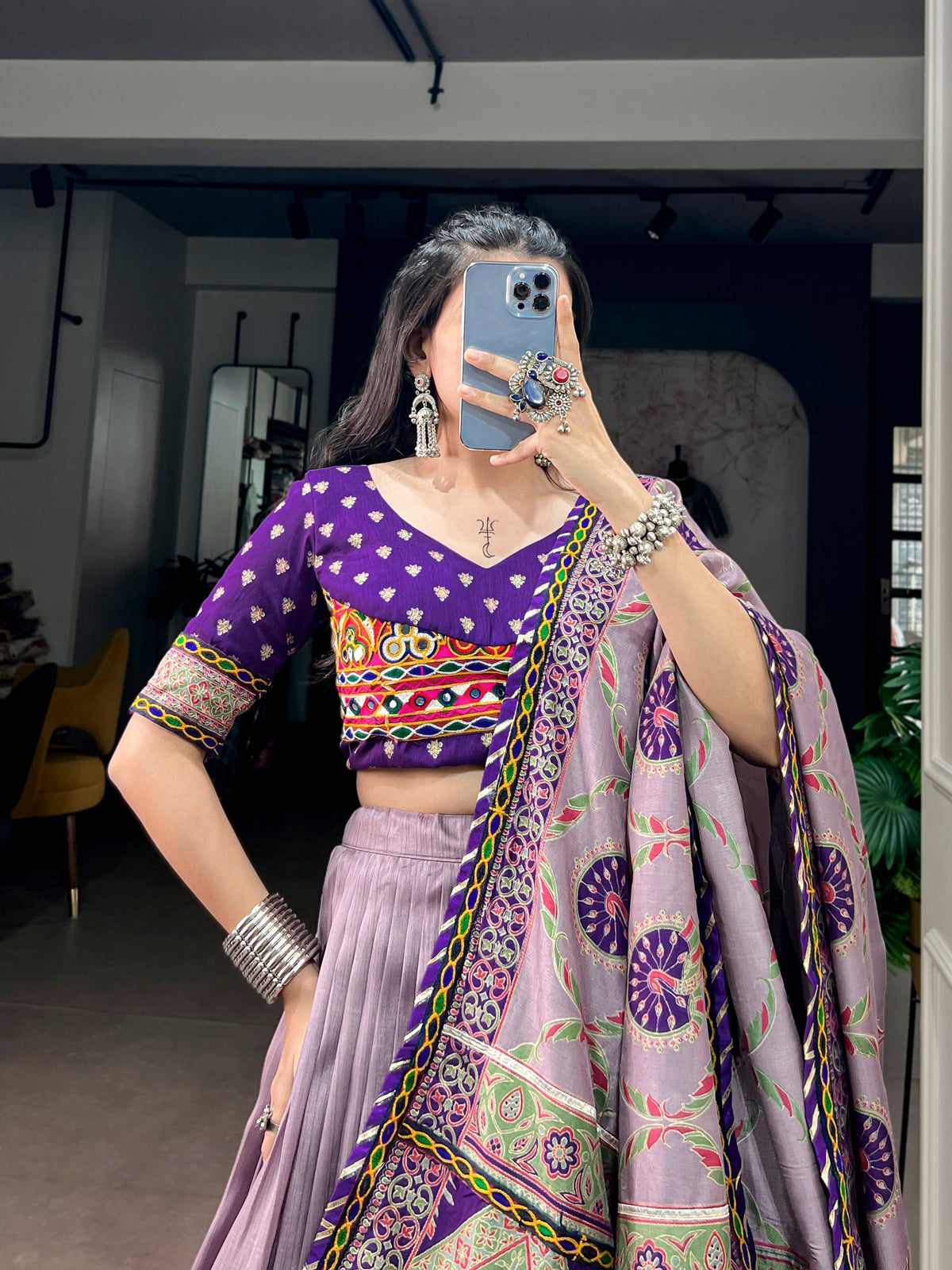 Lavender Tussar Silk Flared Navratri Lehenga Choli Set With Traditional Printed Gamthi Work Border & Purple Embroidered Blouse