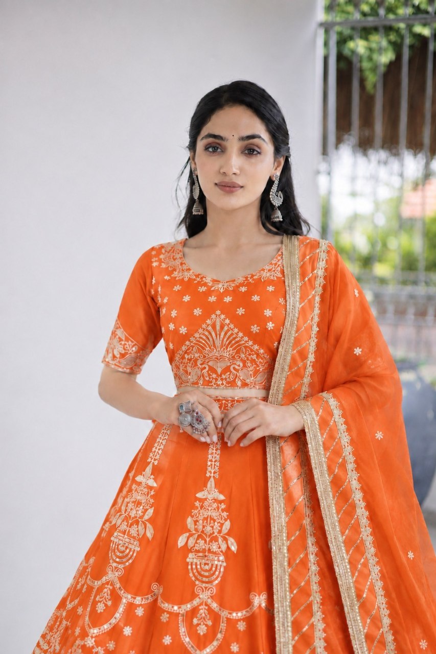 Orange Georgette Thread, Zari, Sequence & Heavy Embroidery Work Premium Lehenga Choli Set With Dupatta