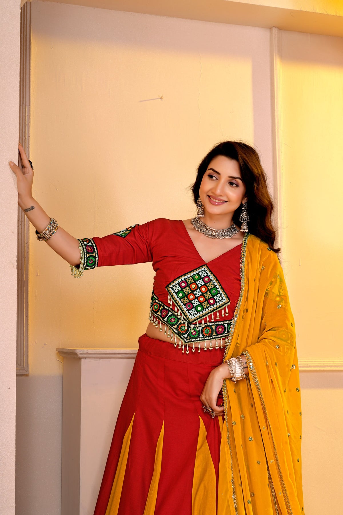 Red & Yellow Dual Tone Pure Cotton Heavy Gamthi Patchwork & Fancy Latkan Lace Work Navratri Chaniya Choli Set
