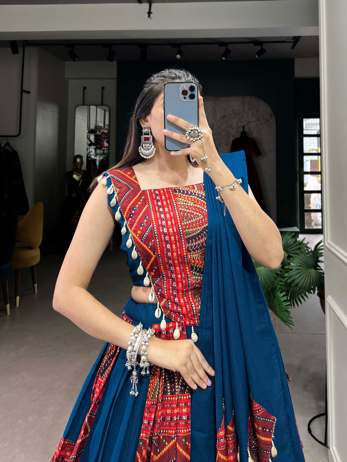 Peacock Blue Pure Rayon Printed & Foil Work Navratri Lehenga Choli Set With Cowrie (Kodi) Shell Lace Touch