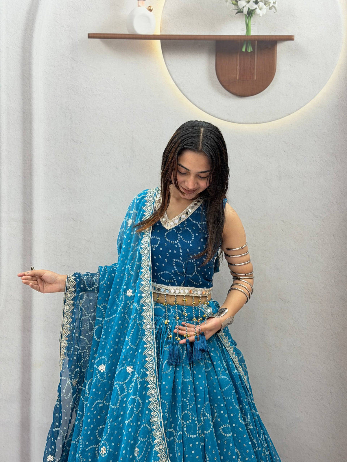 Peacock Blue Fox Georgette Bandhani Print Heavy Embroidery & Mirror Lace Work Navratri Special Lehenga Choli Set With Dupatta
