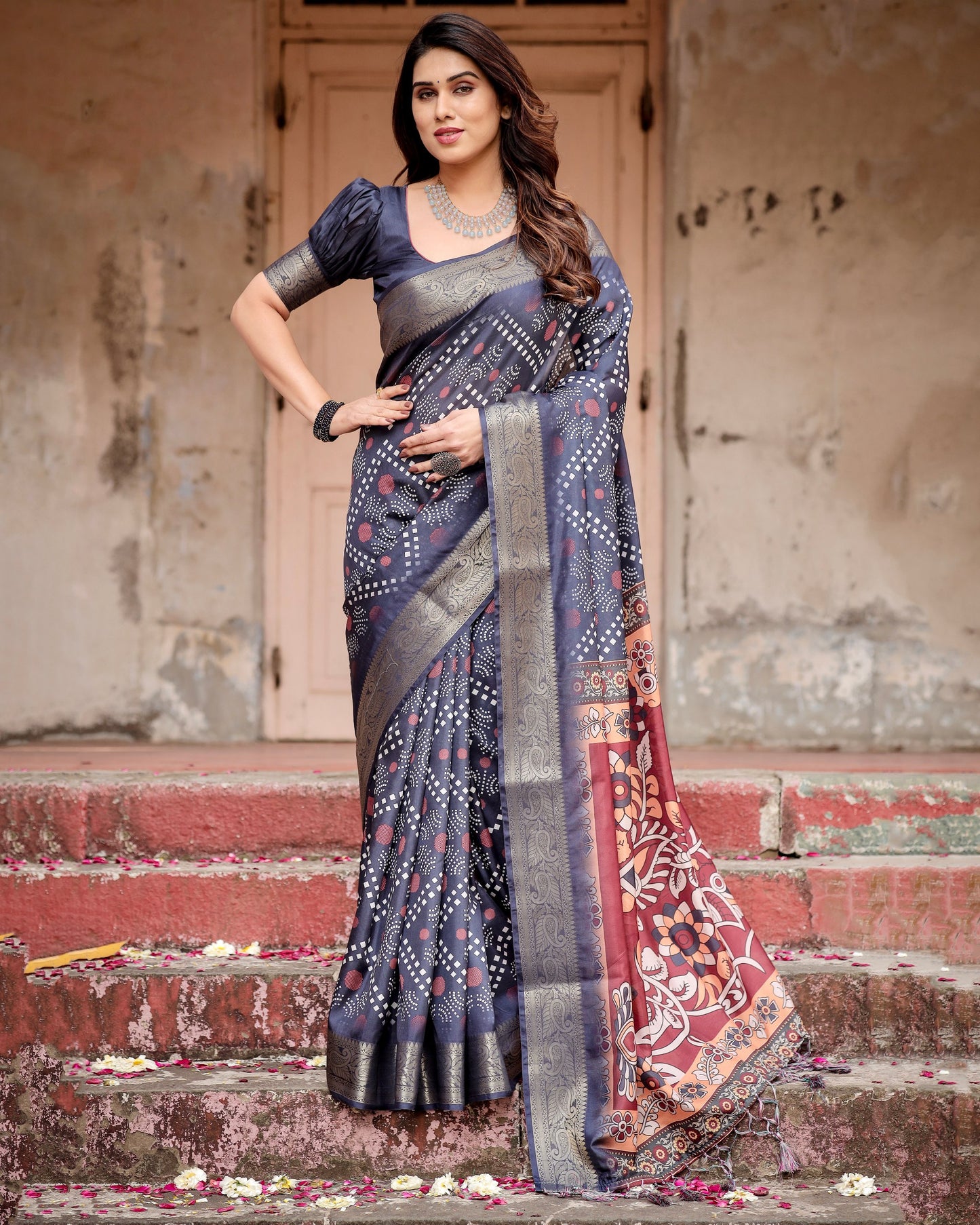 PURE SILK DIGITALLY PRINTED SAREE WEAVED WITH GOLDEN ZARI COMES WITH TASSELS