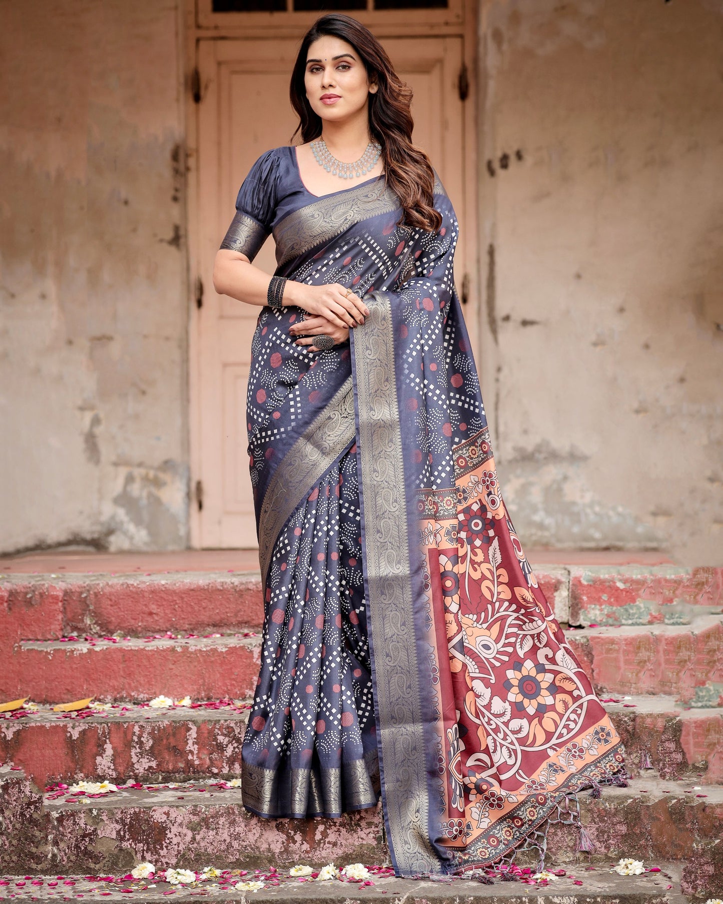 PURE SILK DIGITALLY PRINTED SAREE WEAVED WITH GOLDEN ZARI COMES WITH TASSELS