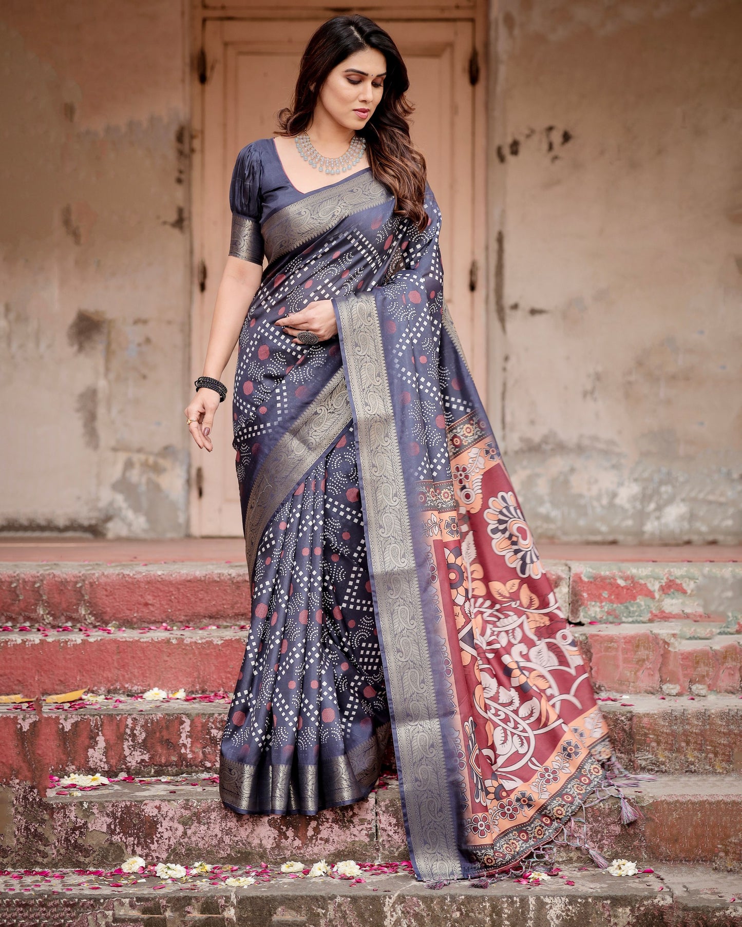 PURE SILK DIGITALLY PRINTED SAREE WEAVED WITH GOLDEN ZARI COMES WITH TASSELS