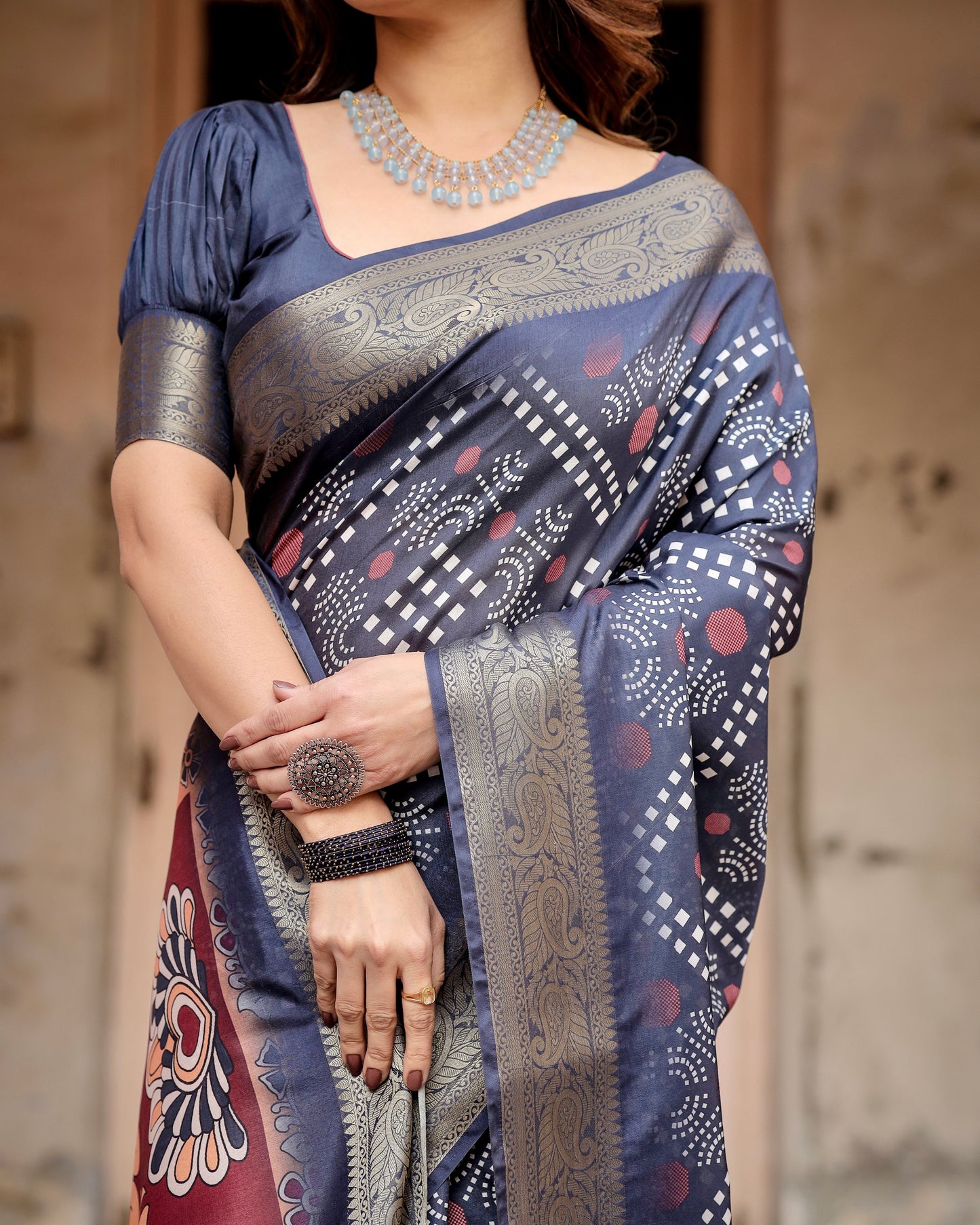 PURE SILK DIGITALLY PRINTED SAREE WEAVED WITH GOLDEN ZARI COMES WITH TASSELS