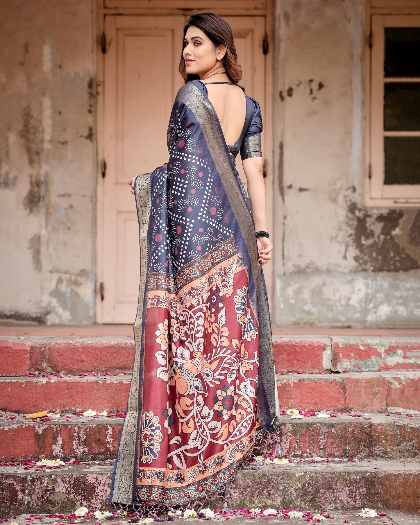 PURE SILK DIGITALLY PRINTED SAREE WEAVED WITH GOLDEN ZARI COMES WITH TASSELS