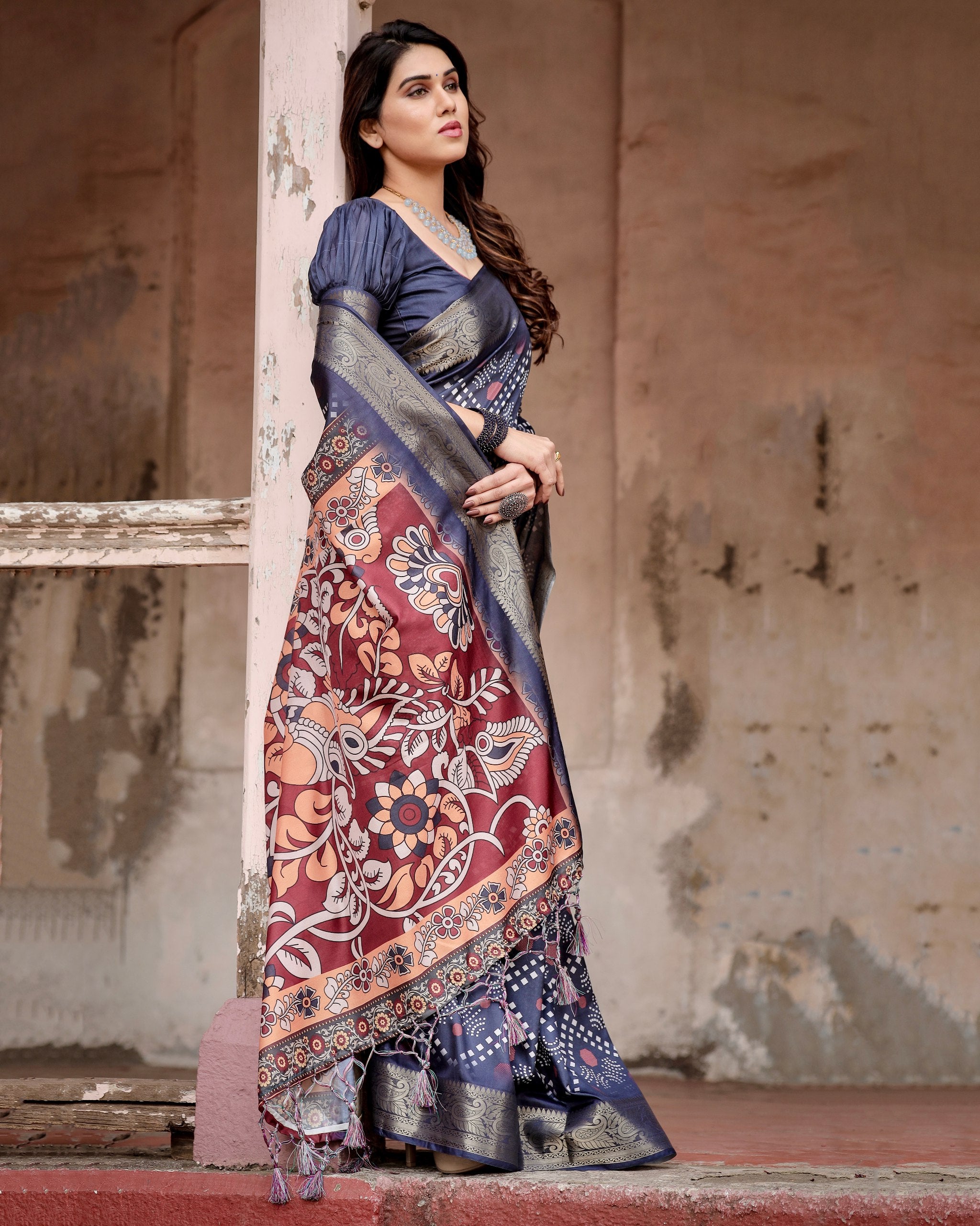 PURE SILK DIGITALLY PRINTED SAREE WEAVED WITH GOLDEN ZARI COMES WITH TASSELS