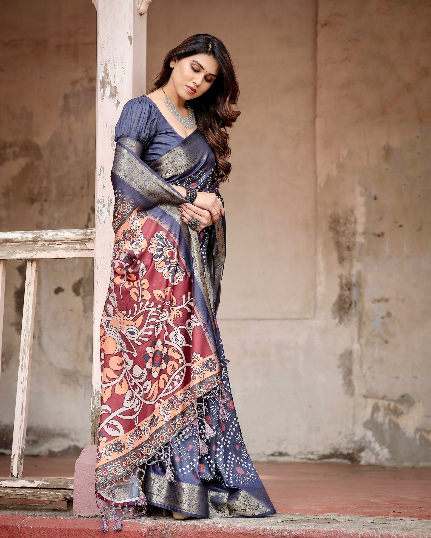 PURE SILK DIGITALLY PRINTED SAREE WEAVED WITH GOLDEN ZARI COMES WITH TASSELS