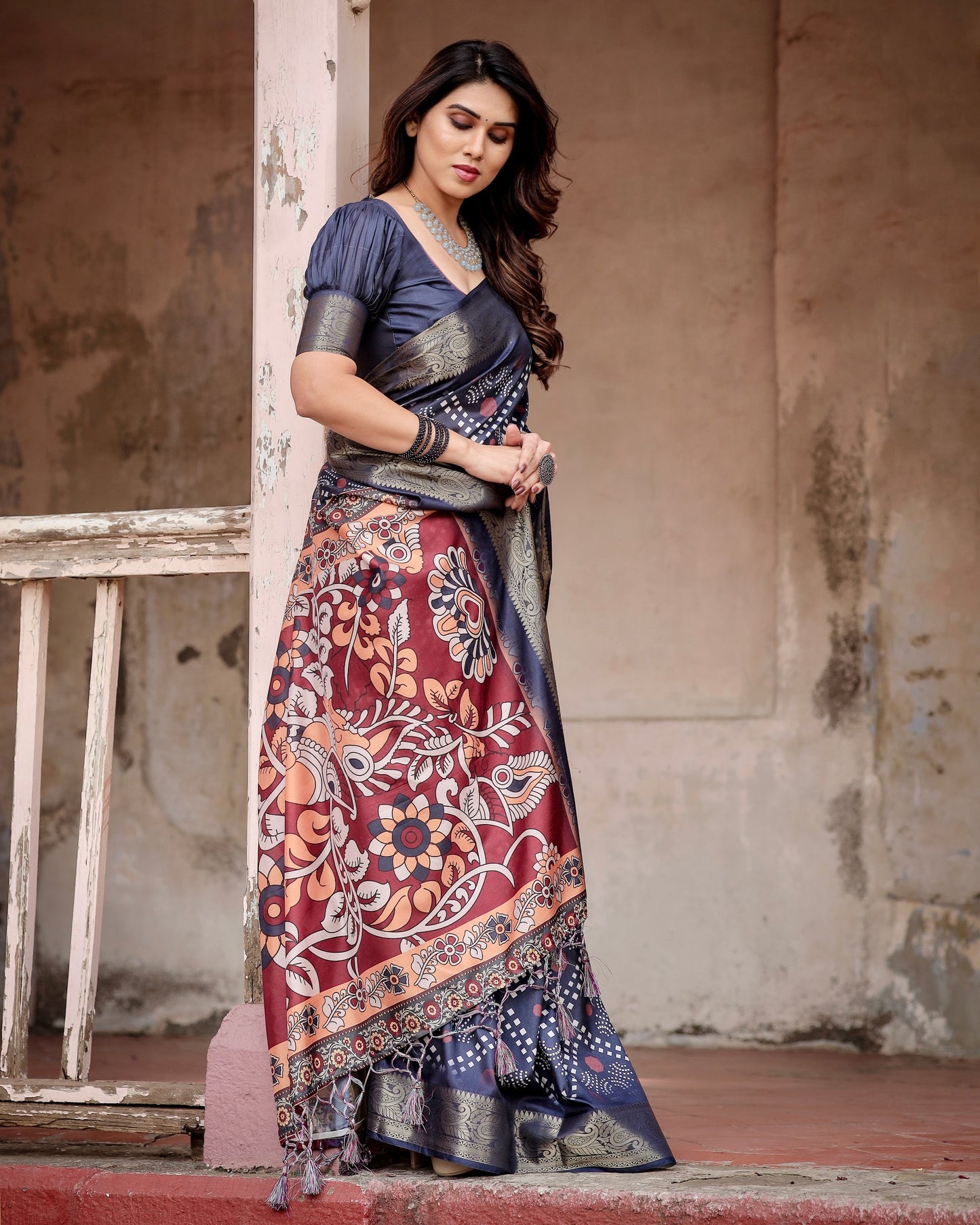 PURE SILK DIGITALLY PRINTED SAREE WEAVED WITH GOLDEN ZARI COMES WITH TASSELS