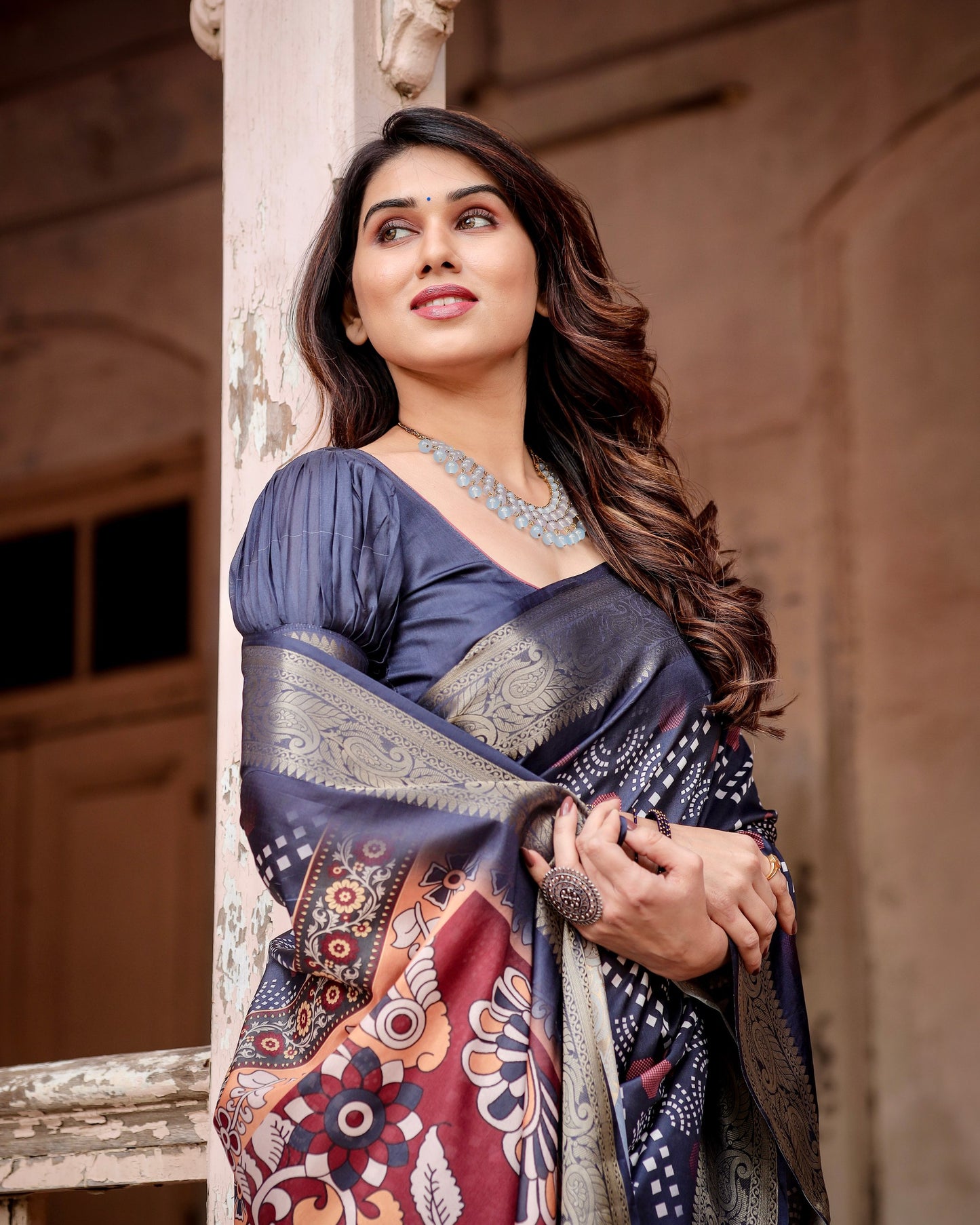 PURE SILK DIGITALLY PRINTED SAREE WEAVED WITH GOLDEN ZARI COMES WITH TASSELS