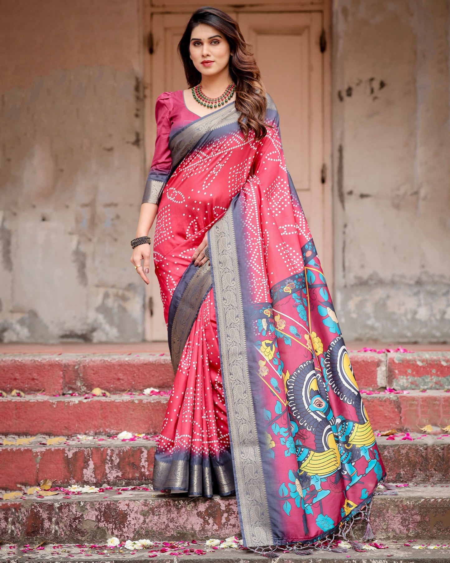 PURE SILK DIGITALLY PRINTED SAREE WEAVED WITH GOLDEN ZARI COMES WITH TASSELS