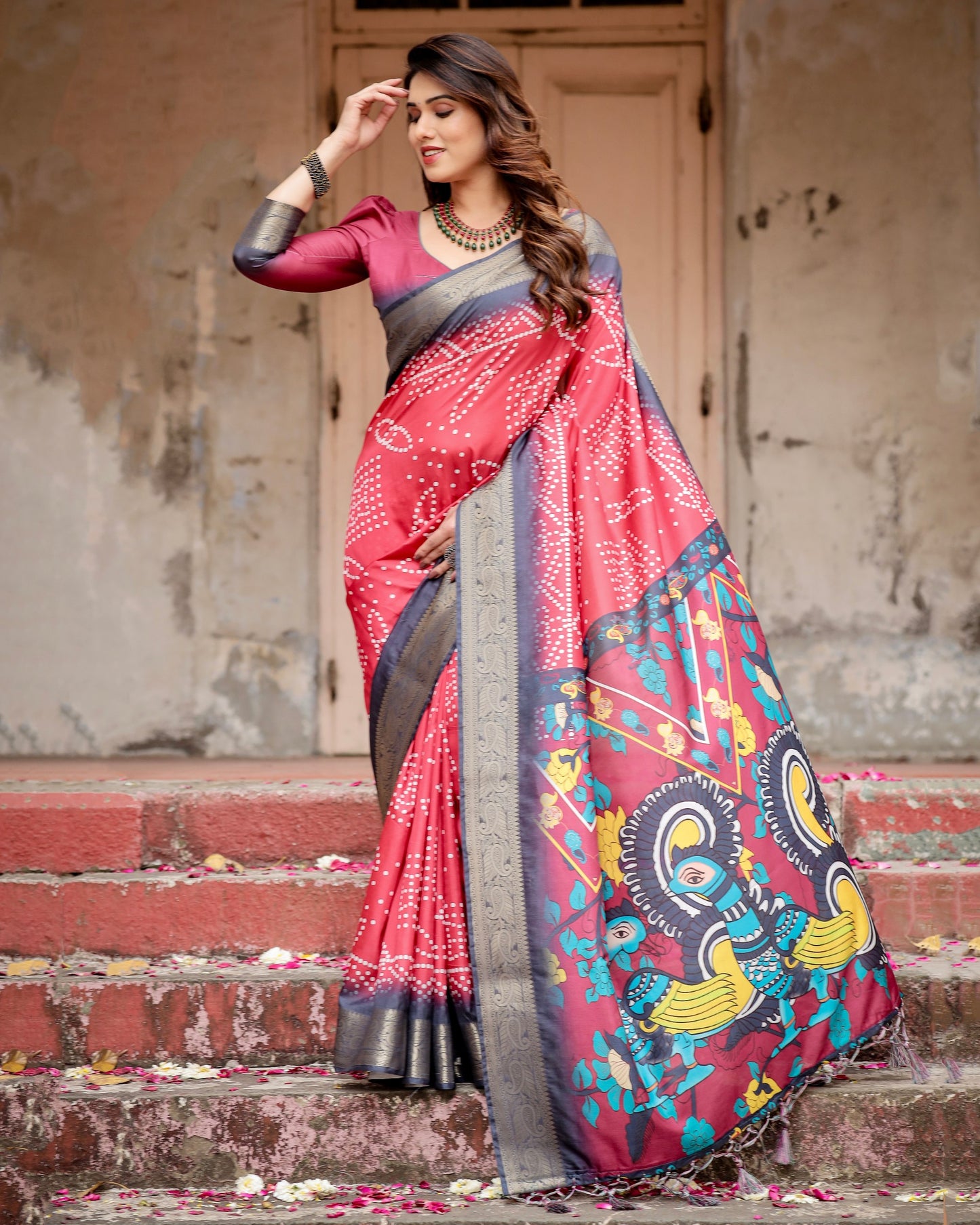PURE SILK DIGITALLY PRINTED SAREE WEAVED WITH GOLDEN ZARI COMES WITH TASSELS