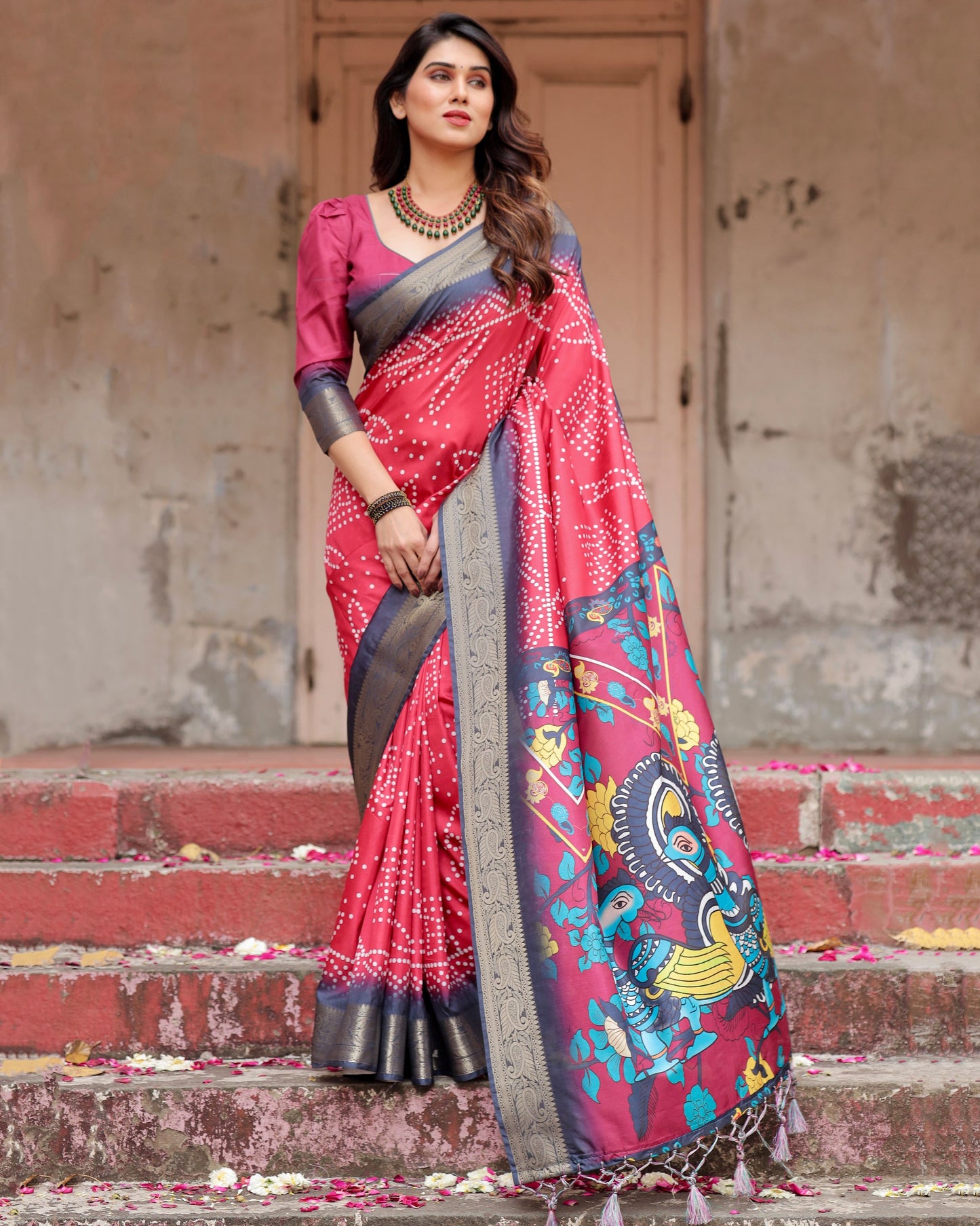 PURE SILK DIGITALLY PRINTED SAREE WEAVED WITH GOLDEN ZARI COMES WITH TASSELS