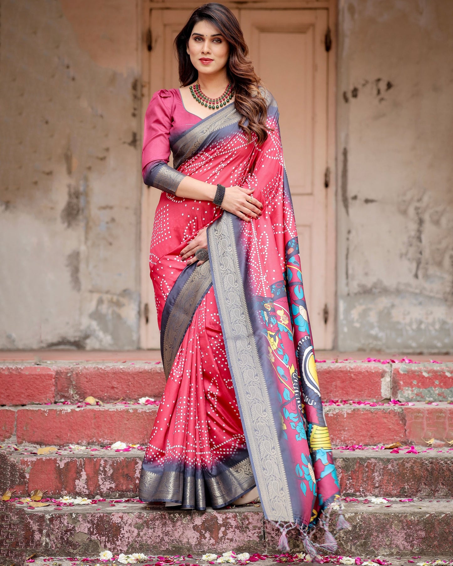 PURE SILK DIGITALLY PRINTED SAREE WEAVED WITH GOLDEN ZARI COMES WITH TASSELS