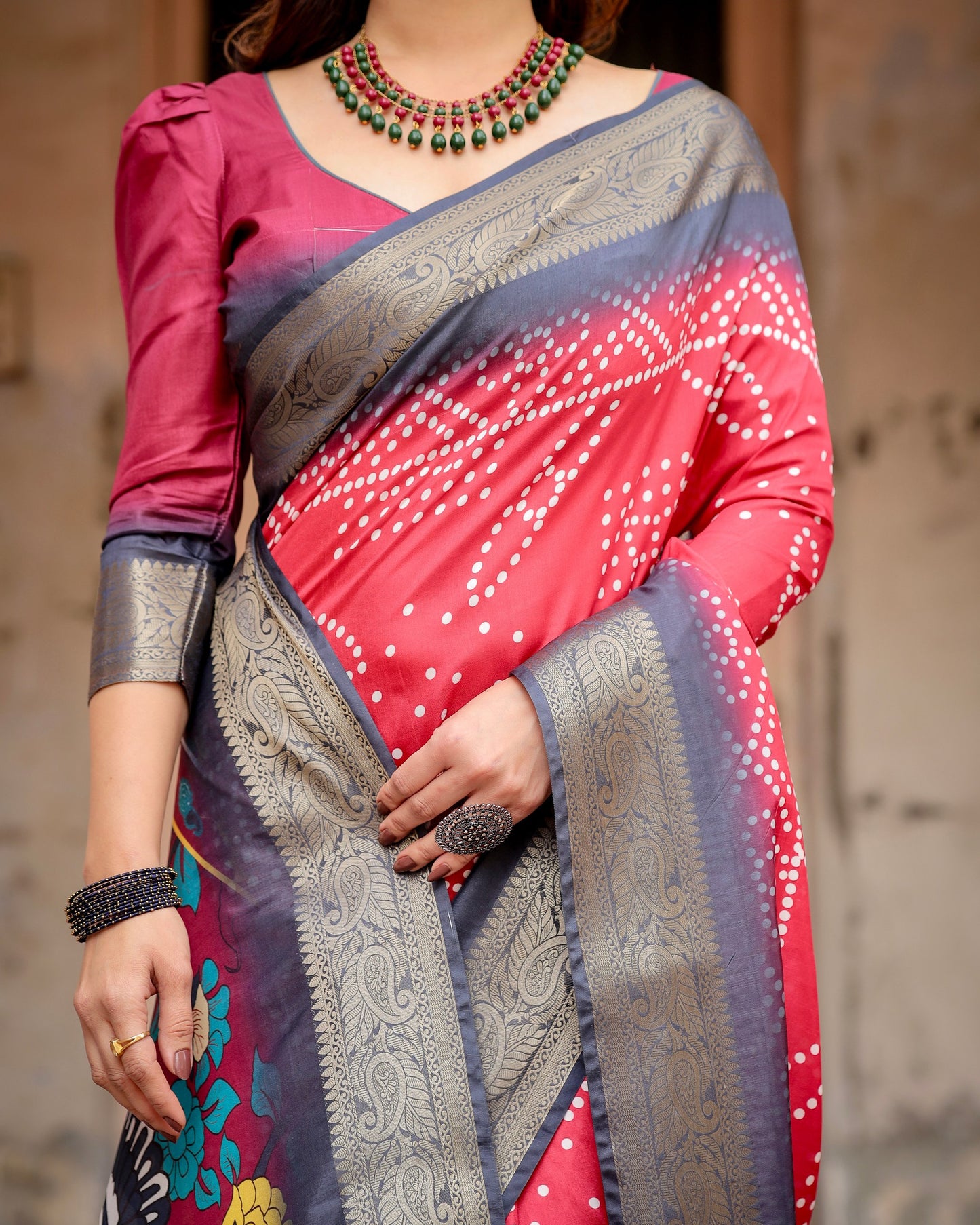 PURE SILK DIGITALLY PRINTED SAREE WEAVED WITH GOLDEN ZARI COMES WITH TASSELS