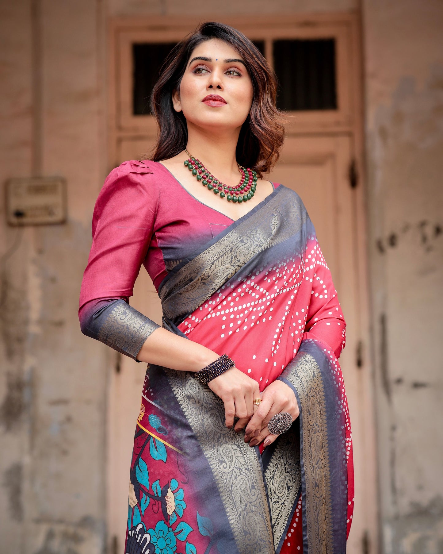 PURE SILK DIGITALLY PRINTED SAREE WEAVED WITH GOLDEN ZARI COMES WITH TASSELS