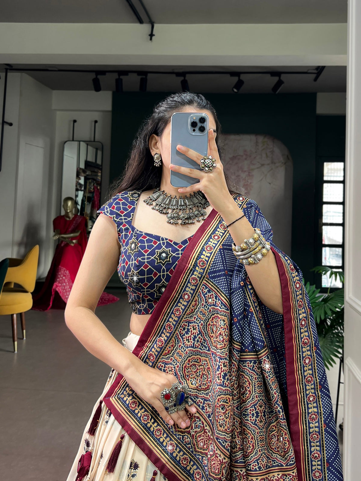 Off-White & Navy Blue Tussar Silk Ajrakh Block Printed Navratri Lehenga Choli Set With Real Mirror Work & Maroon Border Accents