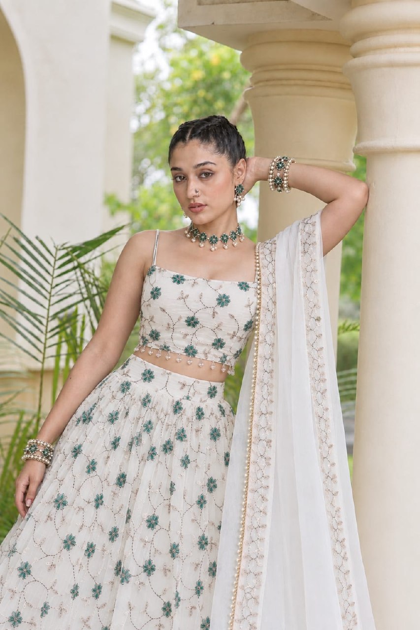 Off-White Star Georgette Multi-Color Floral Embroidery & Tube Beads Work Premium Lehenga Choli Set With Dupatta
