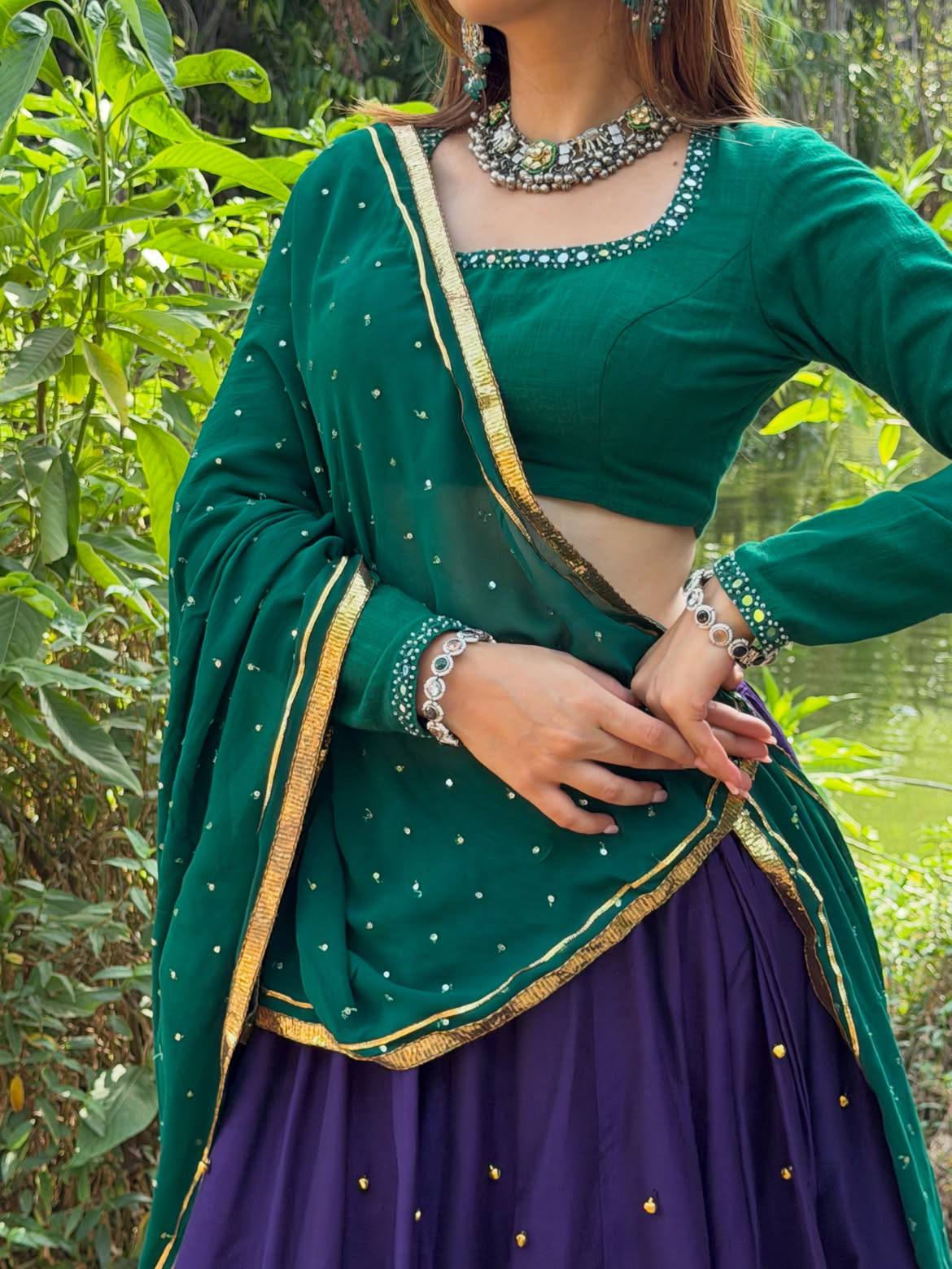 Deep Purple & Emerald Green Roman Silk Ghughari & Fancy Lace Work Navratri Lehenga Choli Set With Dupatta