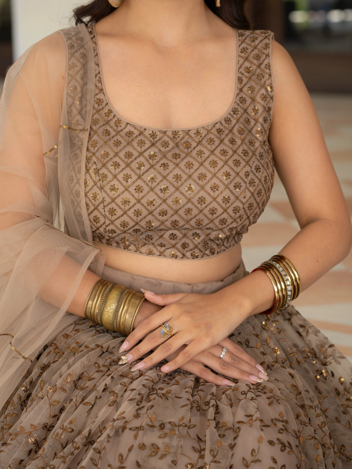 Beige Muted Taupe Soft Net Zari, Sequin Embroidery Work Premium Lehenga Choli Set With Net Dupatta