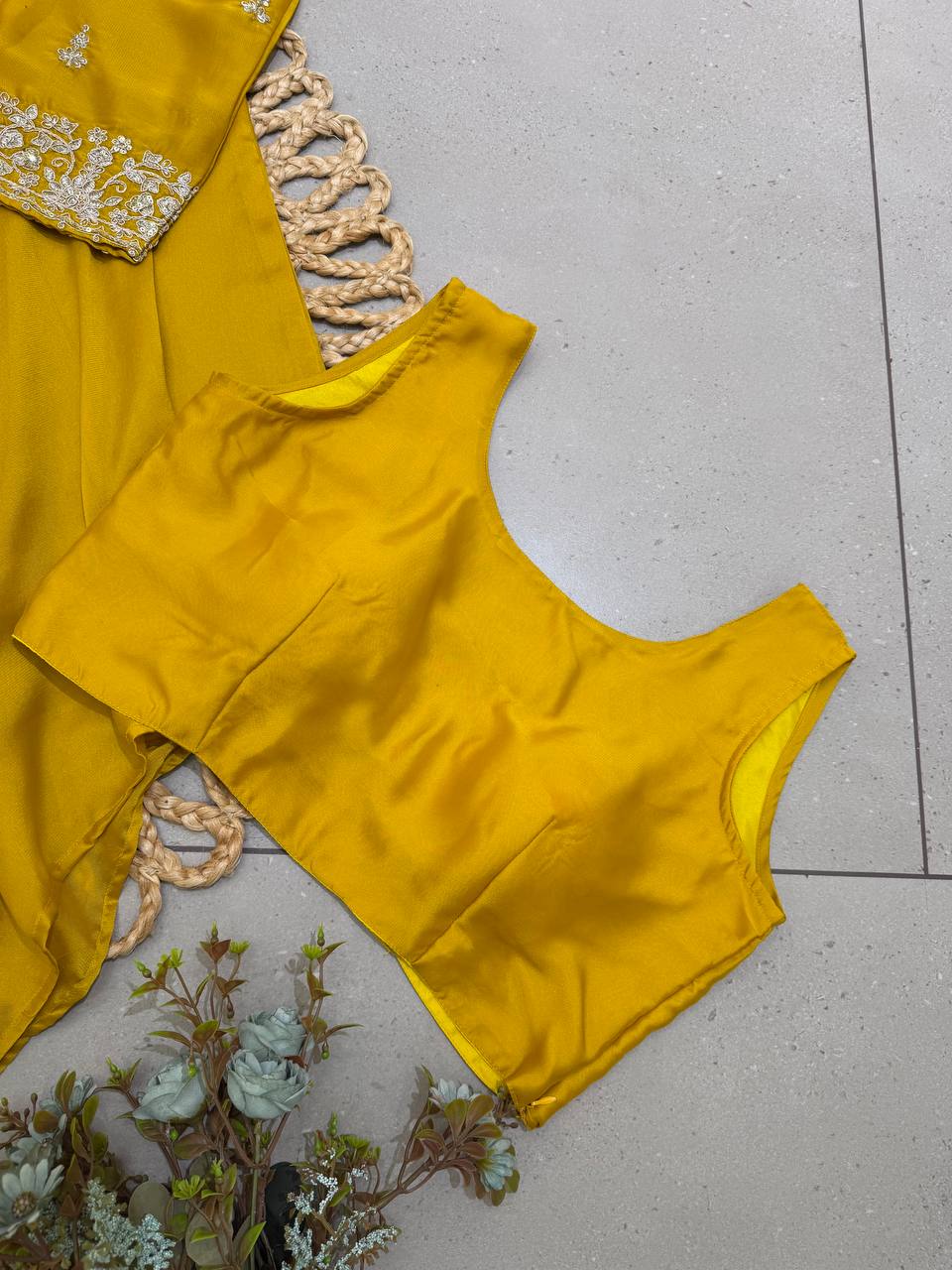 Mustard Yellow Rangoli Georgette Cording Embroidery & Sequin Work Designer Shrug Set With Inner