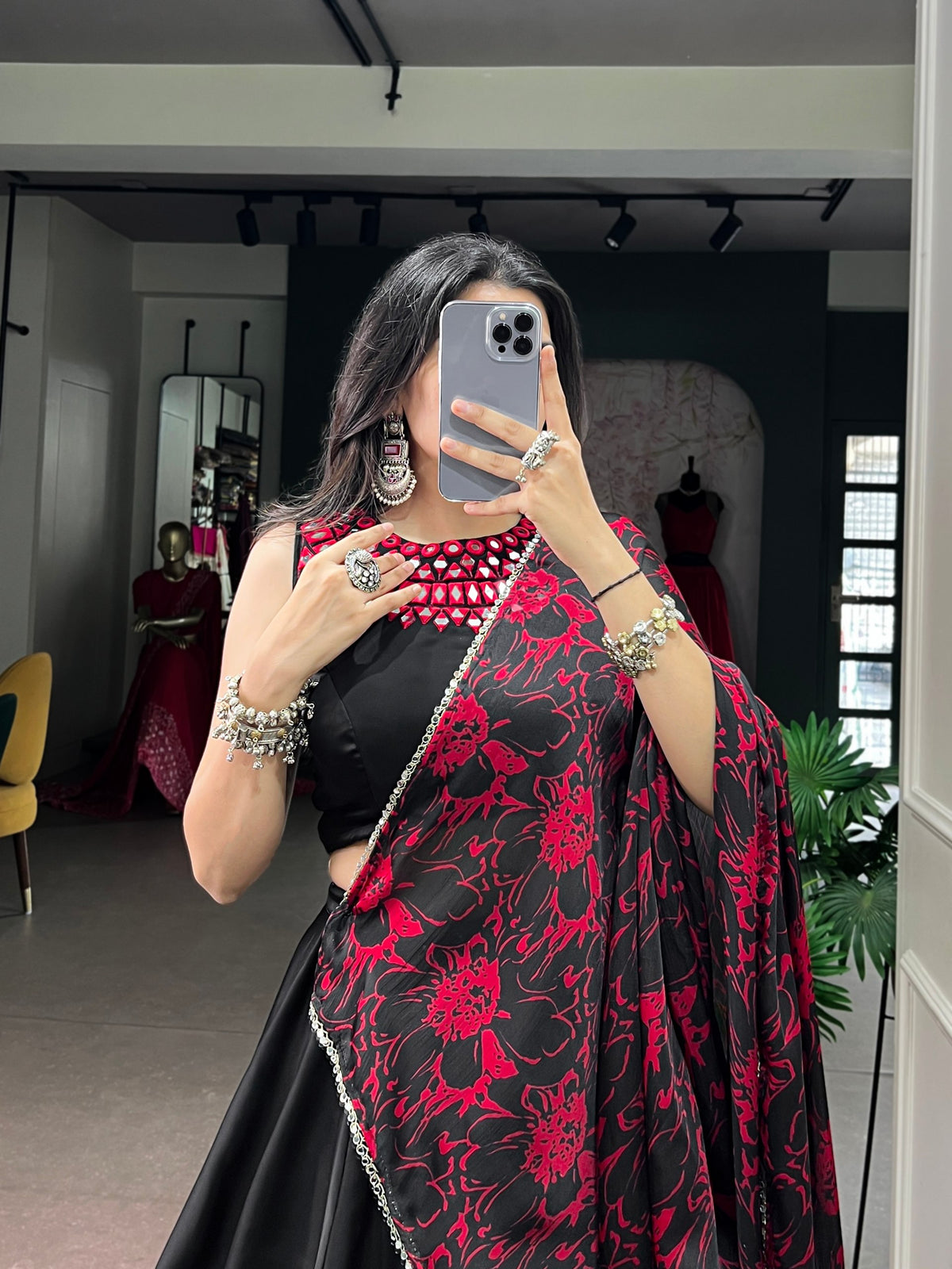 Black Elegant Monga Silk Lehenga With Real Mirror Work Blouse & Floral Printed Satin Chiffon Dupatta Navratri Lehenga Choli Set