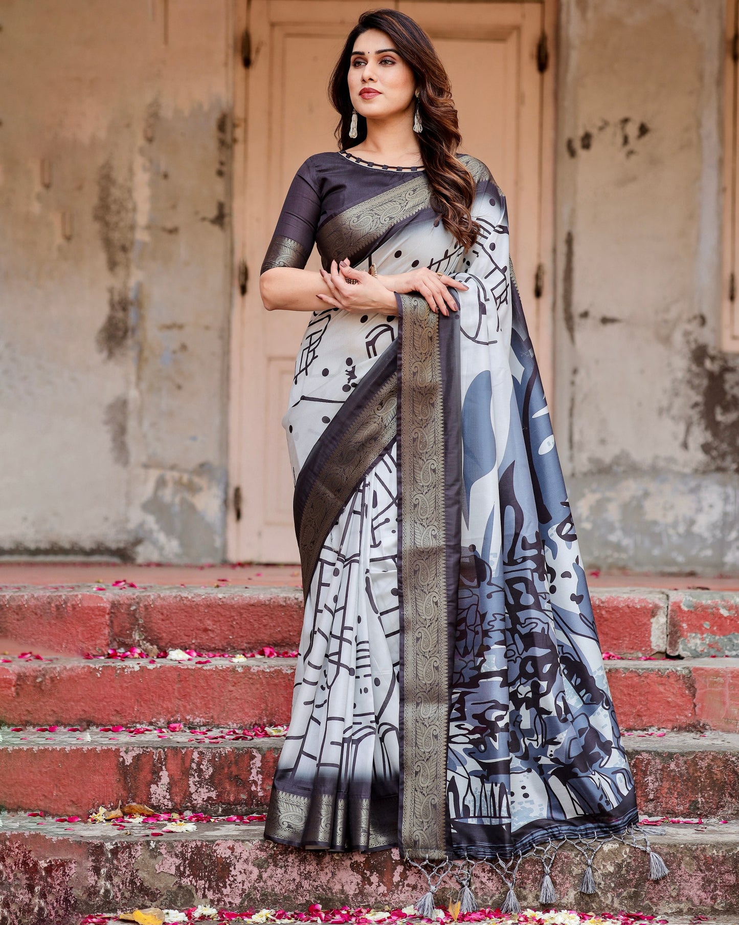 PURE SILK DIGITALLY PRINTED SAREE WEAVED WITH GOLDEN ZARI COMES WITH TASSELS