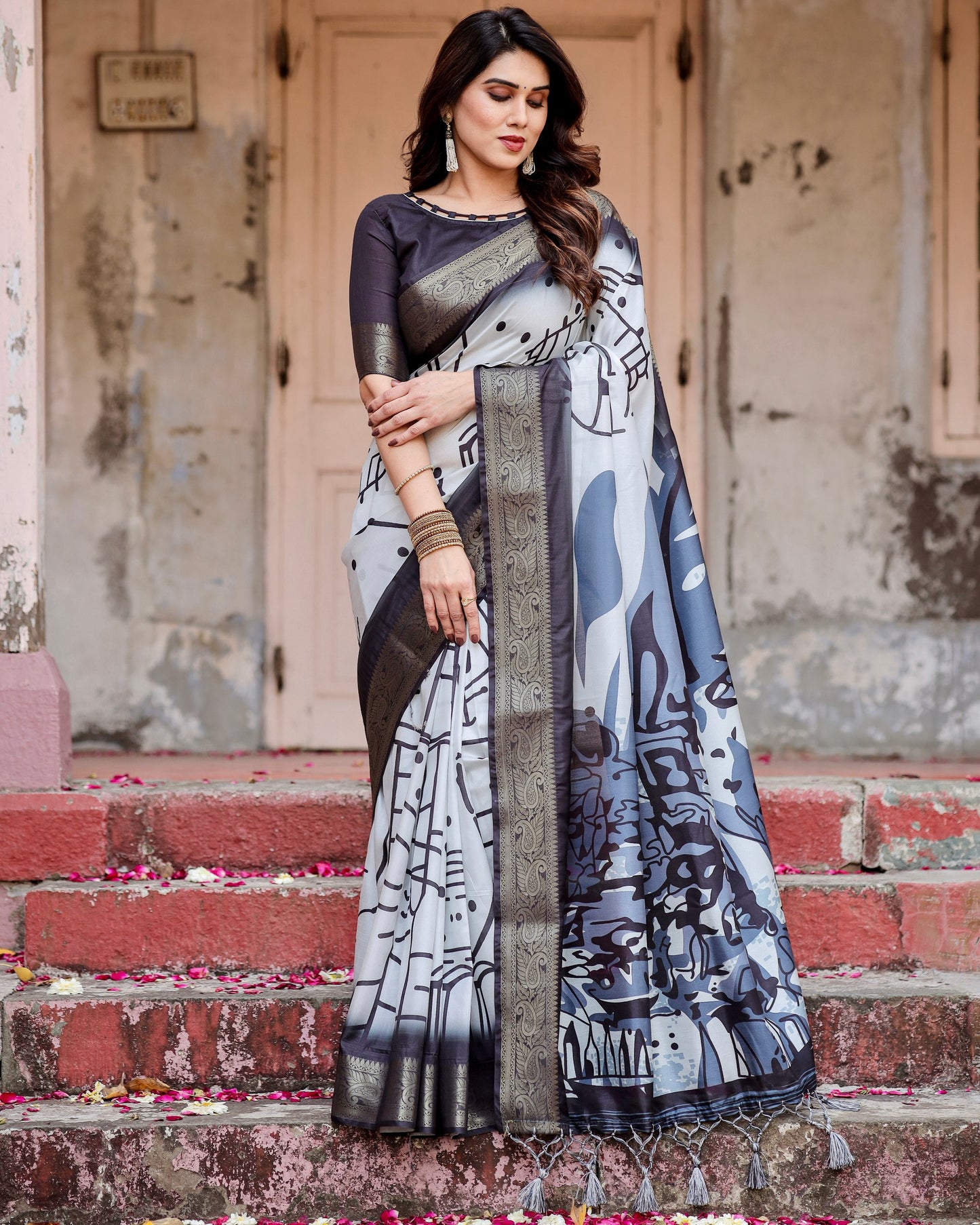 PURE SILK DIGITALLY PRINTED SAREE WEAVED WITH GOLDEN ZARI COMES WITH TASSELS
