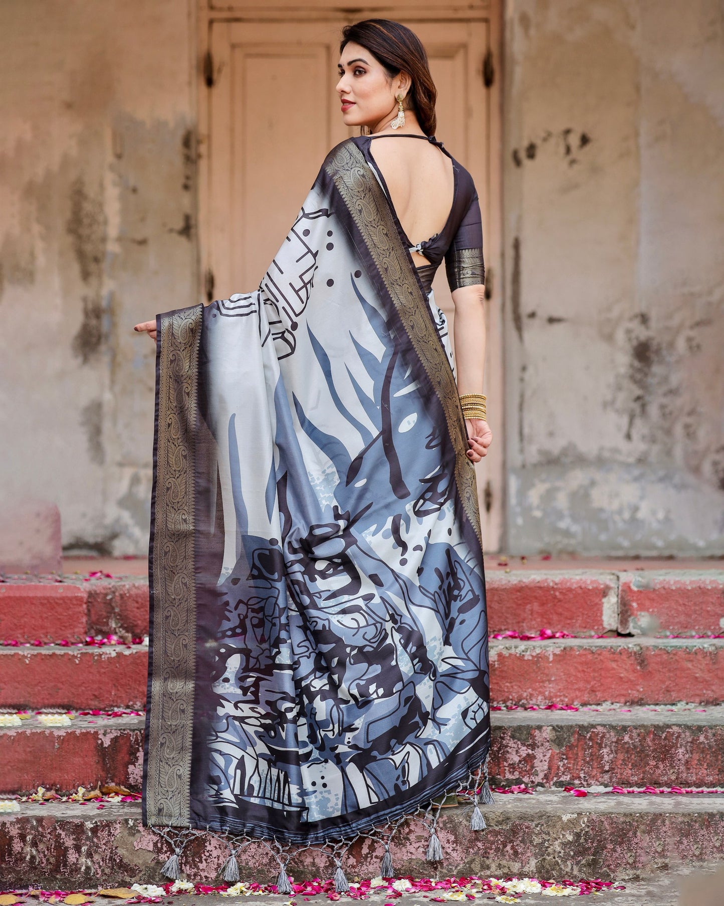 PURE SILK DIGITALLY PRINTED SAREE WEAVED WITH GOLDEN ZARI COMES WITH TASSELS