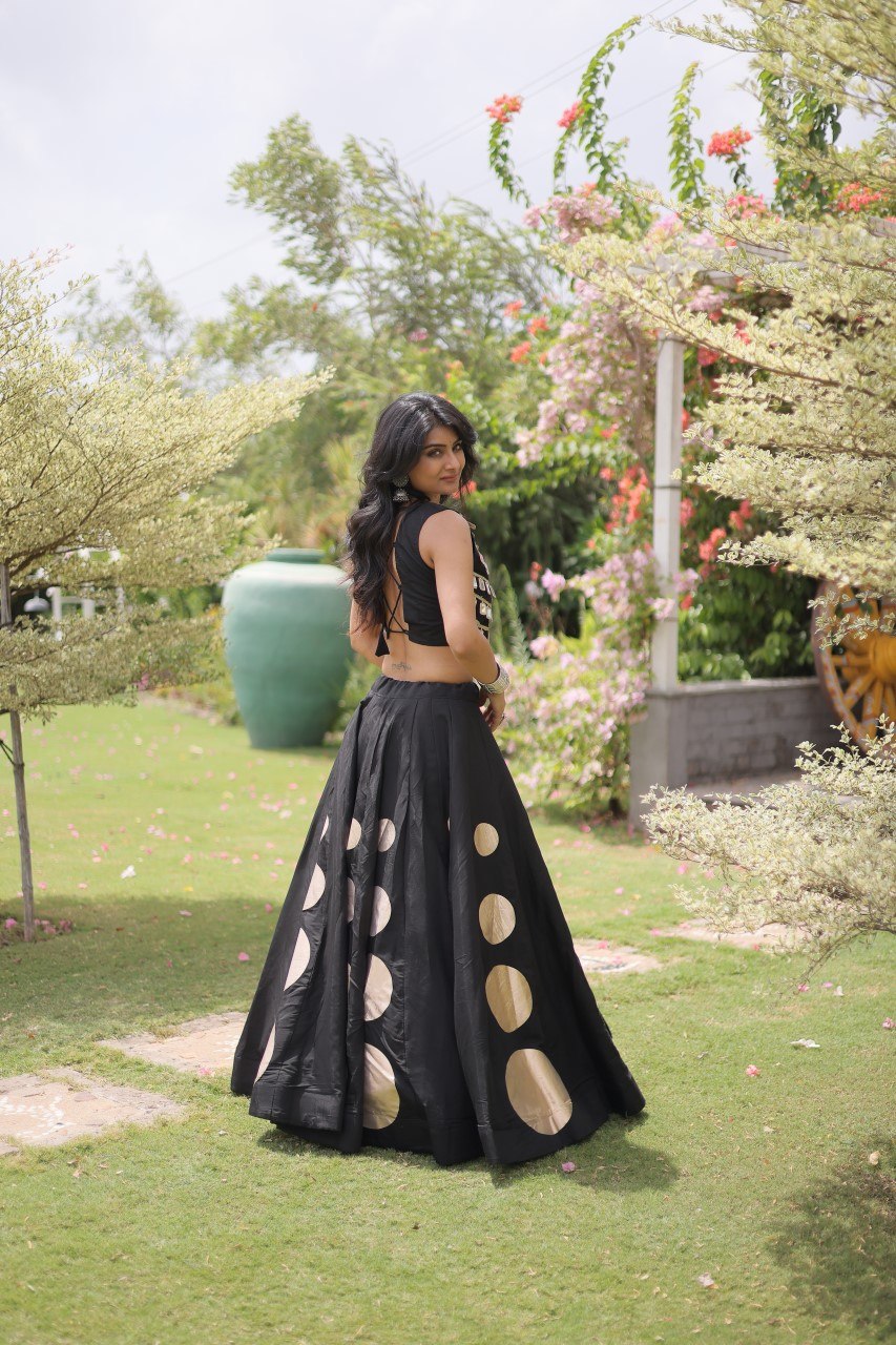 Navratri Jet Black Roman Silk Flared Lehenga Choli Set with Bold Round Gota Polka Applique & Heavy Mirror Work Blouse
