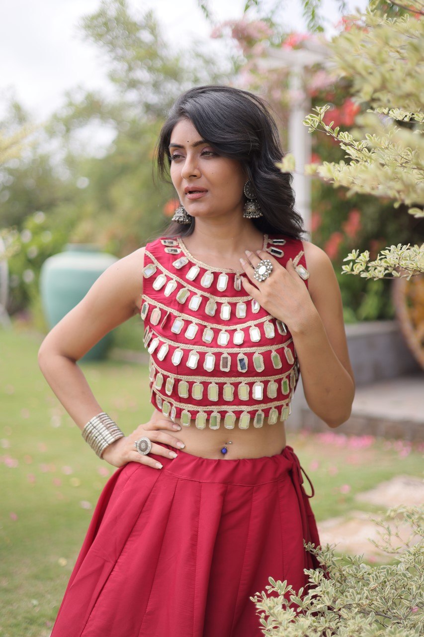 Navratri Maroon Red Roman Silk Flared Lehenga Choli Set with Bold Round Gota Polka Applique & Heavy Mirror Work Blouse