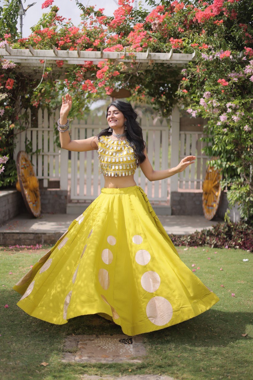 Navratri Lime Yellow Roman Silk Flared Lehenga Choli Set with Bold Round Gota Polka Applique & Heavy Mirror Work Blouse