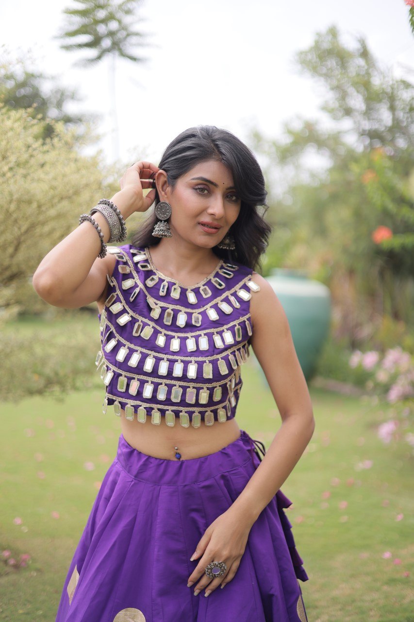 Navratri Royal Purple Roman Silk Flared Lehenga Choli Set with Bold Round Gota Polka Applique & Heavy Mirror Work Blouse