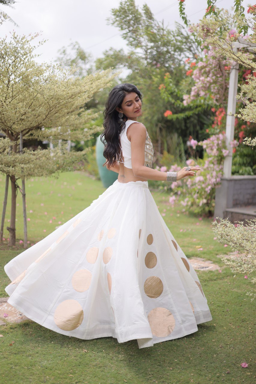 Navratri Off-White Roman Silk Flared Lehenga Choli Set with Bold Round Gota Polka Applique & Heavy Mirror Work Blouse
