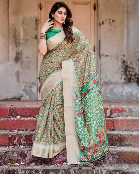 PURE SILK DIGITALLY PRINTED SAREE WEAVED WITH GOLDEN ZARI COMES WITH TASSELS