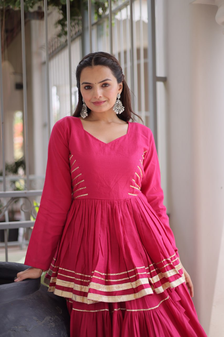 Navratri Rani Pink Kora Cotton Multi-Tiered Flared Lehenga Set with Peplum Top & Metallic Gota Patti Lace Work