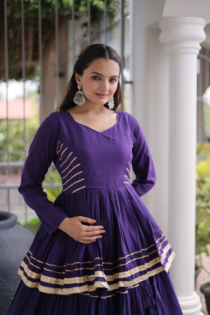 Navratri Royal Purple Kora Cotton Multi-Tiered Flared Lehenga Set with Peplum Top & Metallic Gota Patti Lace Work