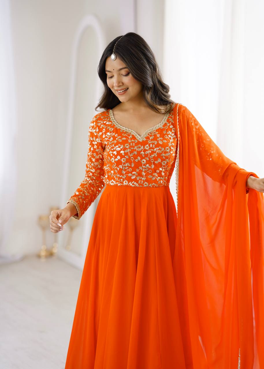 Bright Orange Pure Faux Georgette Anarkali Gown Suit Set with Heavy Sequin & Zari Embroidered Bodice, Matching Pants & Georgette Dupatta with Golden Lace