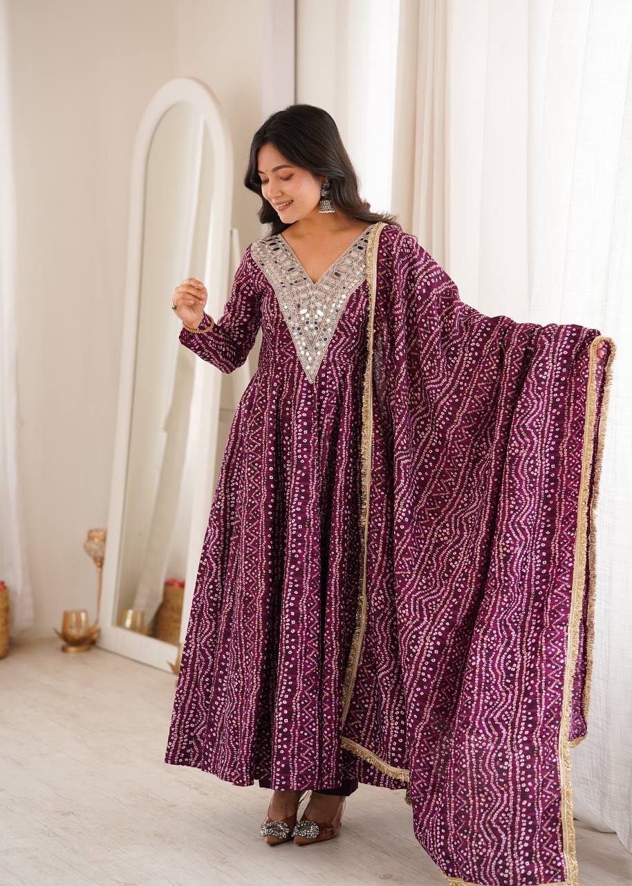 Deep Wine Rayon Bandhani Printed Anarkali Gown With Mirror Work Yoke Embroidery, Pant & Dupatta Set