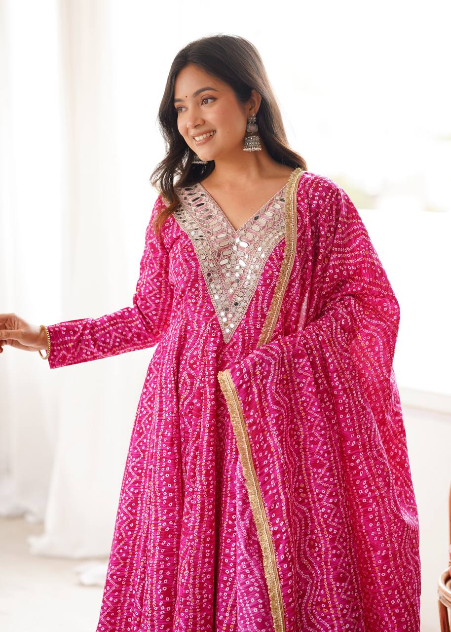 Rani Pink Rayon Bandhani Printed Anarkali Gown With Mirror Work Yoke Embroidery, Pant & Dupatta Set