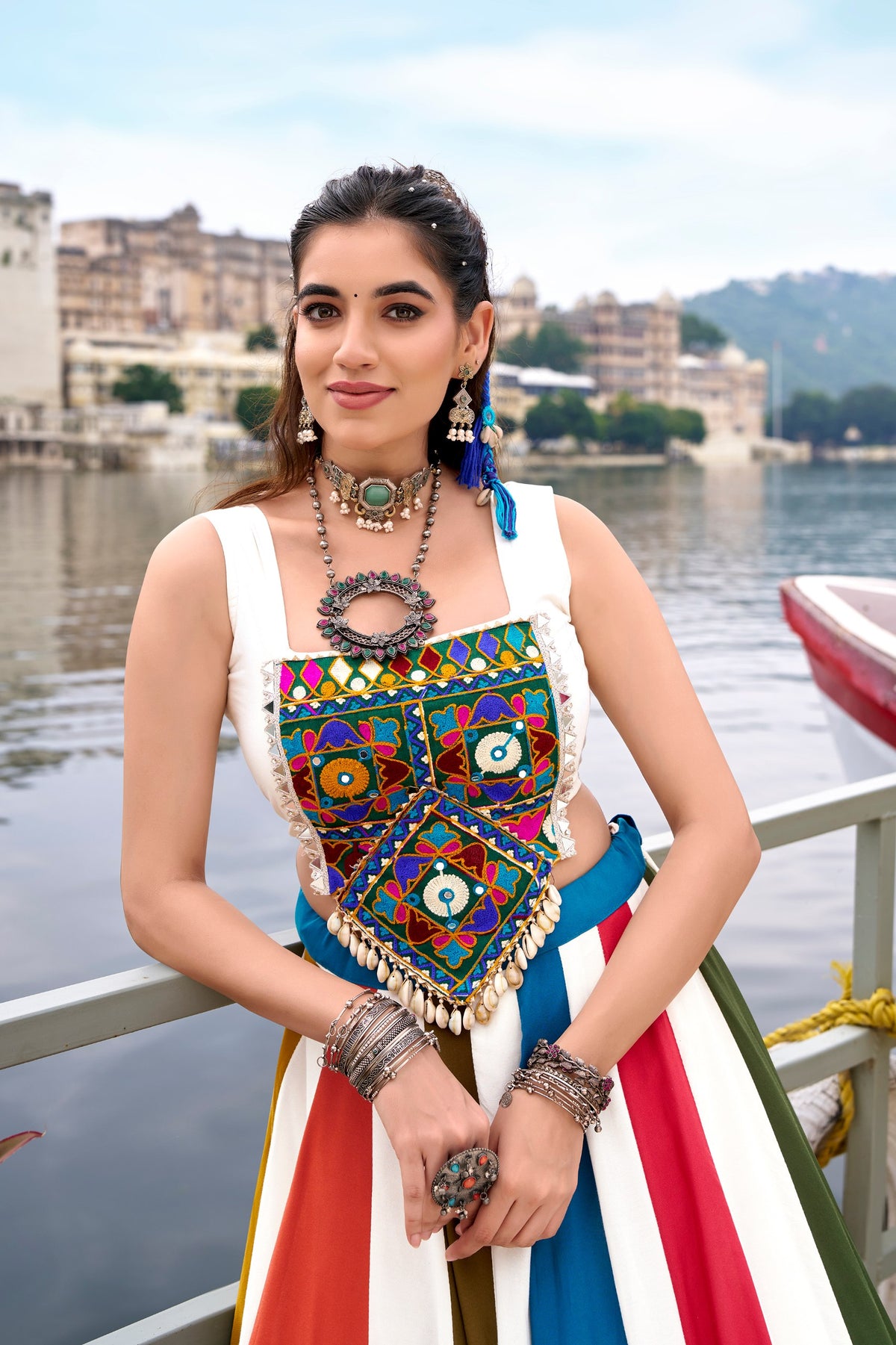 Multi-Color Panel Pure Rayon Gota Patti Lace Work Co-ord Set Lehenga With Kutchi Patch Crop Top
