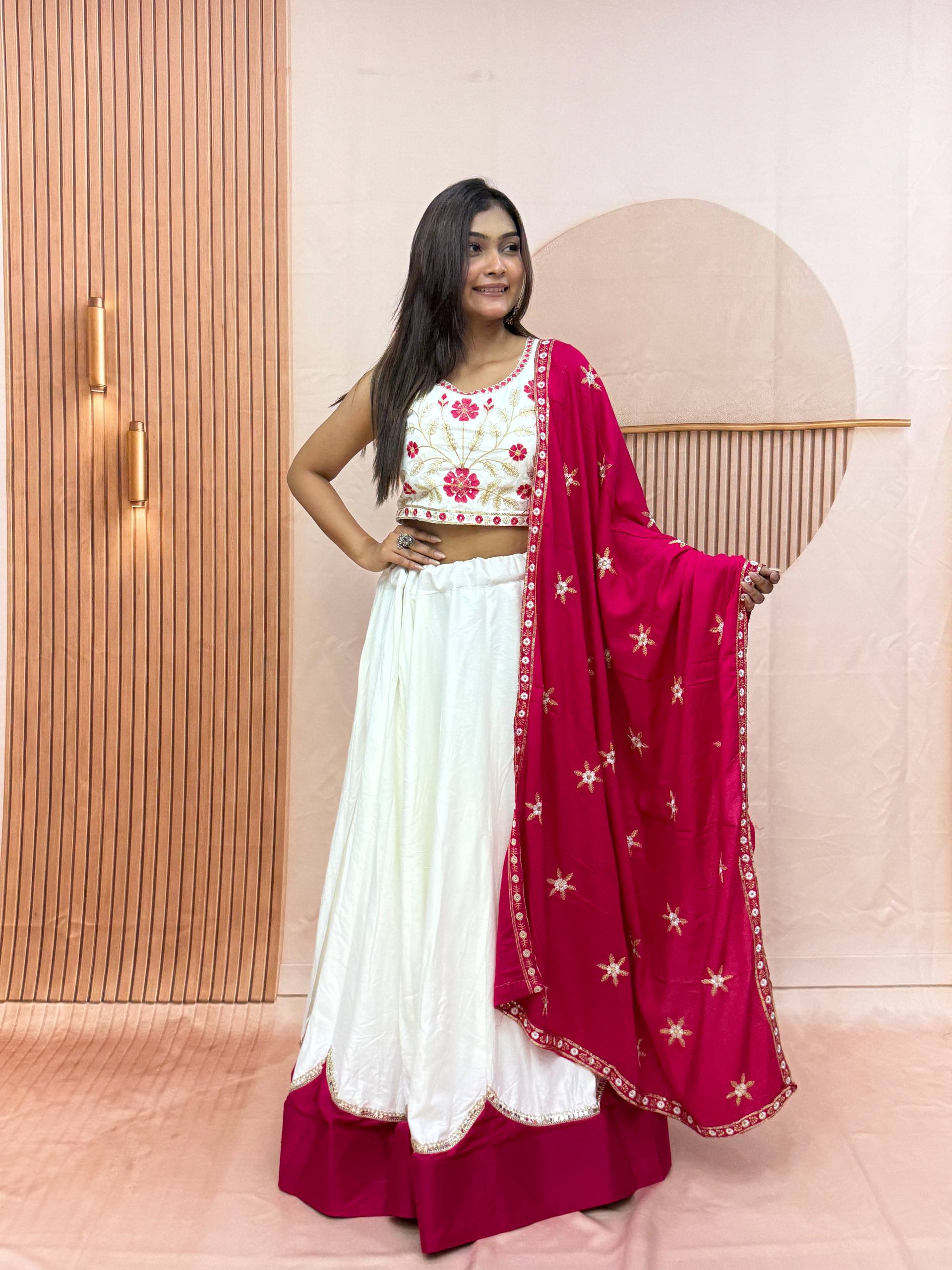 Off-White & Rani Pink Pure Cotton Sequence Thread Work Embroidery Lehenga Choli Set