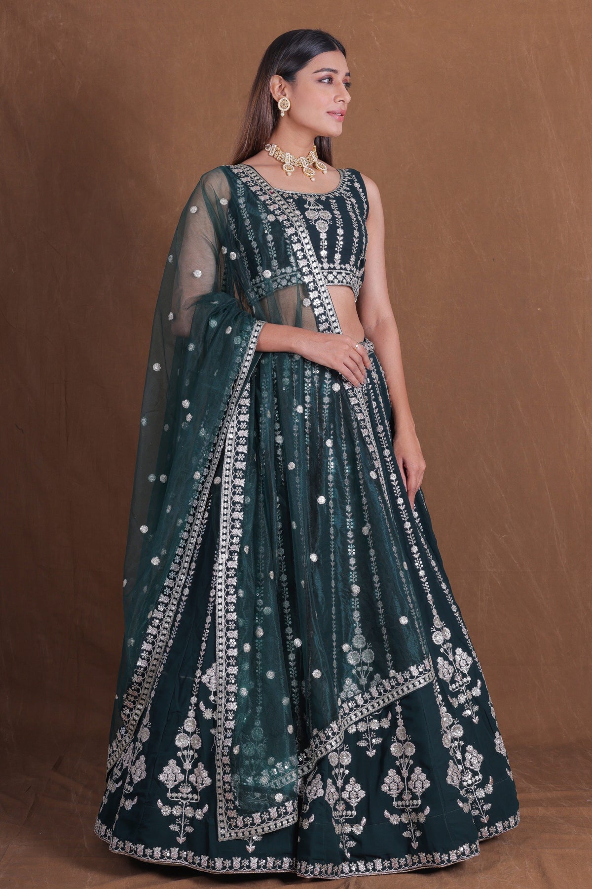Dark Green Georgette Heavy Zari, Sequence & Thread Embroidery Work Lehenga Choli Set With Net Dupatta