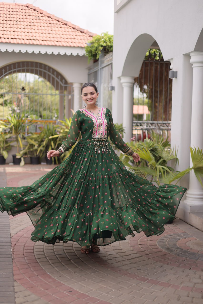 Navratri Bottle Green Faux Georgette Printed Flared Gown with Kutchi Patchwork Embroidery