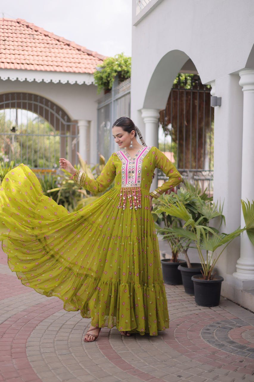Navratri Mehendi Green Faux Georgette Printed Flared Gown with Kutchi Patchwork Embroidery
