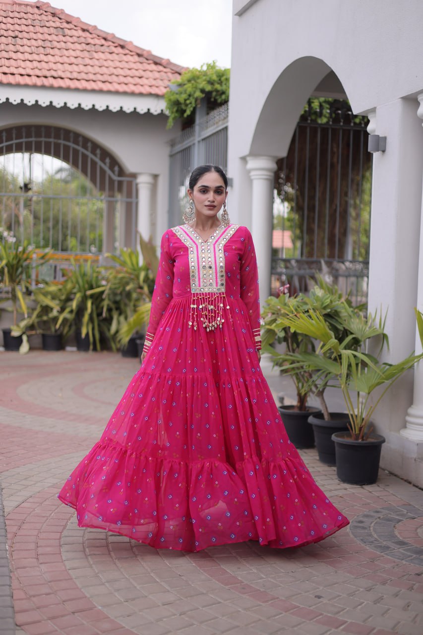 Navratri Rani Pink Faux Georgette Printed Flared Gown with Kutchi Patchwork Embroidery
