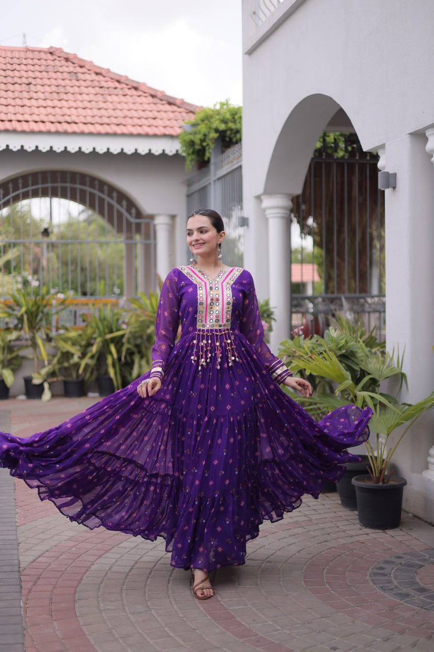 Navratri Purple Faux Georgette Printed Flared Gown with Kutchi Patchwork Embroidery