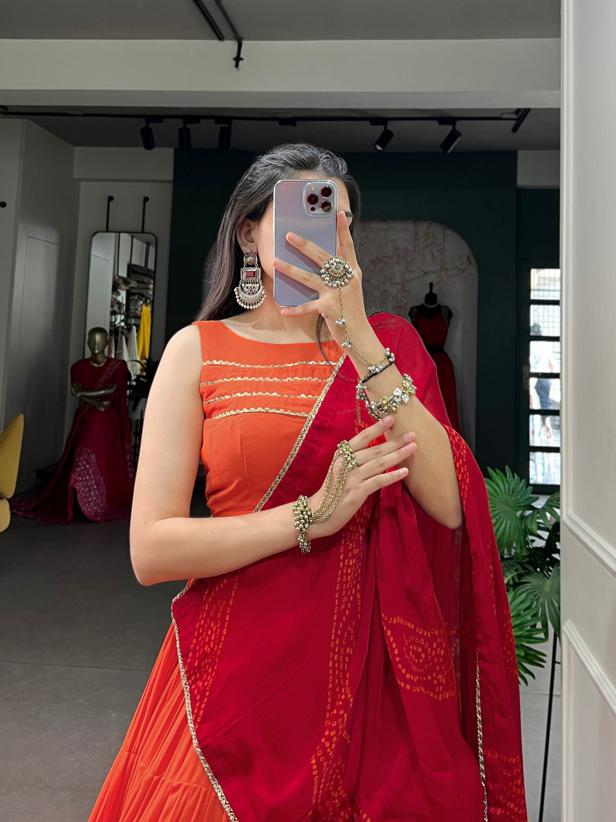 Vibrant Orange & Red Rayon Tiered Flared Lehenga With Intricate Embossed Lace Touch-Up & Bandhani Dupatta Navratri Lehenga Choli Set
