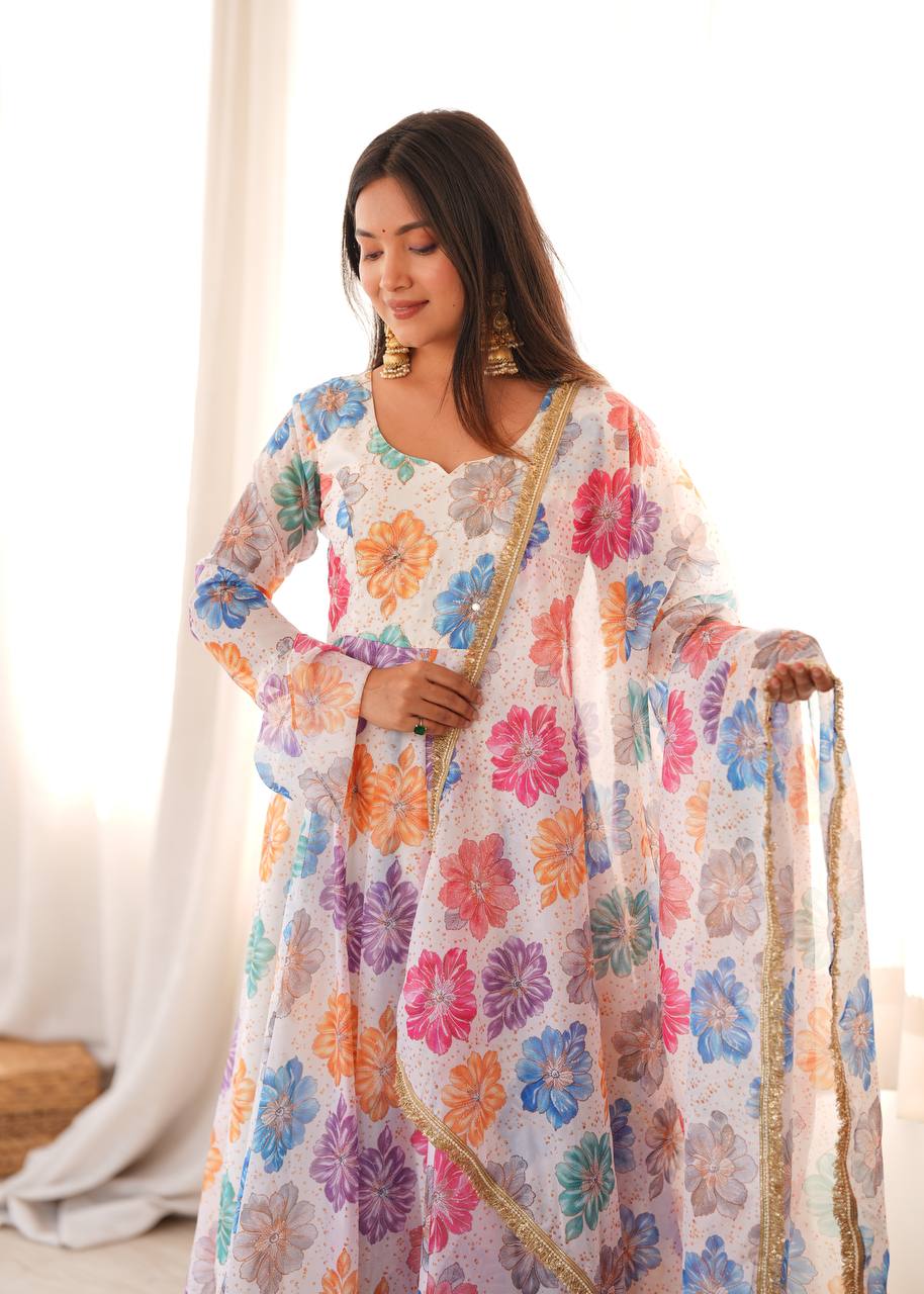 Off-White Floral Printed Pure Organza Anarkali Gown Suit Set with Handcrafted Yoke Embroidery, Matching Pants & Printed Organza Dupatta with Golden Lace